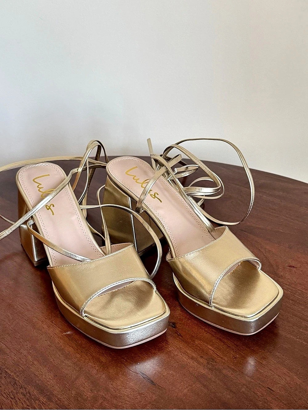 Lulus Gold Lace-Up Chunky High Heel Sandals